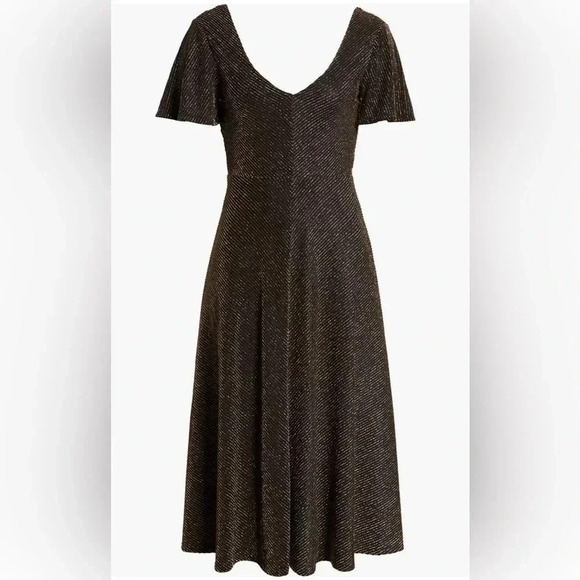 NWOT LEITH gold pin stripe fit & flare flutter sleeve v neck tie belt dress XS-M - Picture 5 of 15